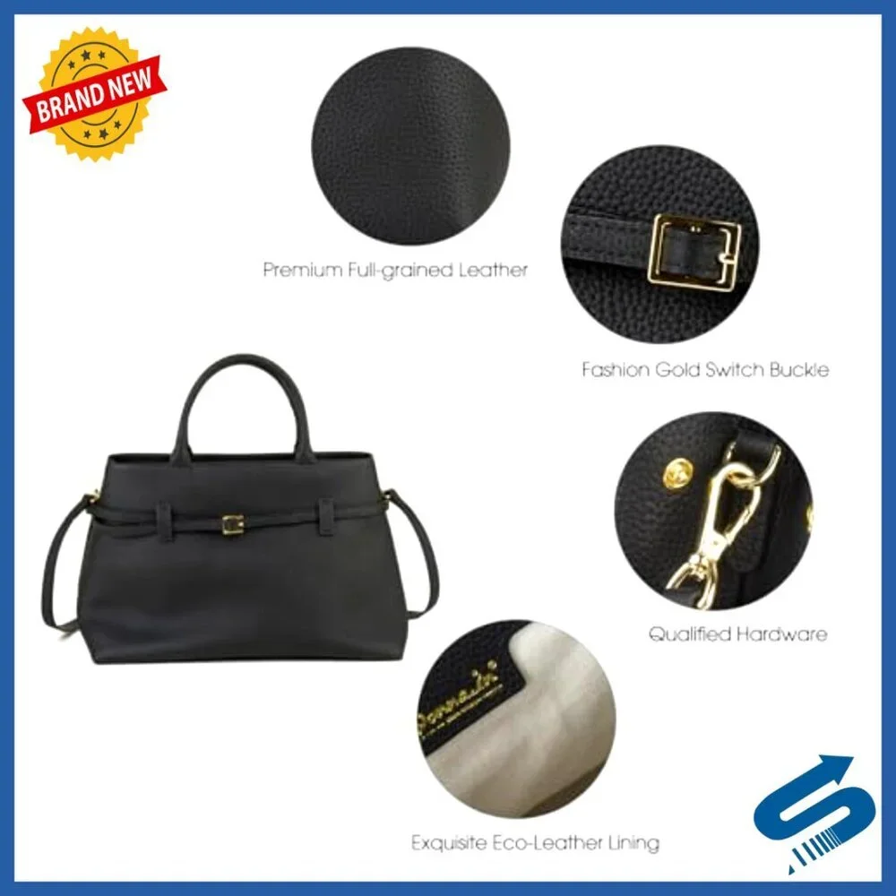 Full-Grain Leather Top Handle Satchel Tote Bag with Adjustable Crossbody Strap